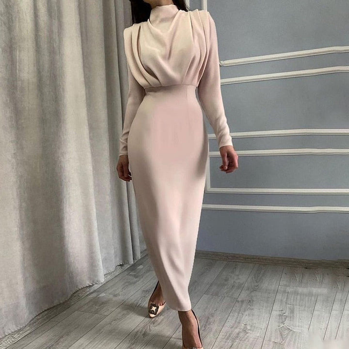 Women's Bodycon Maxi Dress High Neck Ruched Long Sleeve Slim Elegant