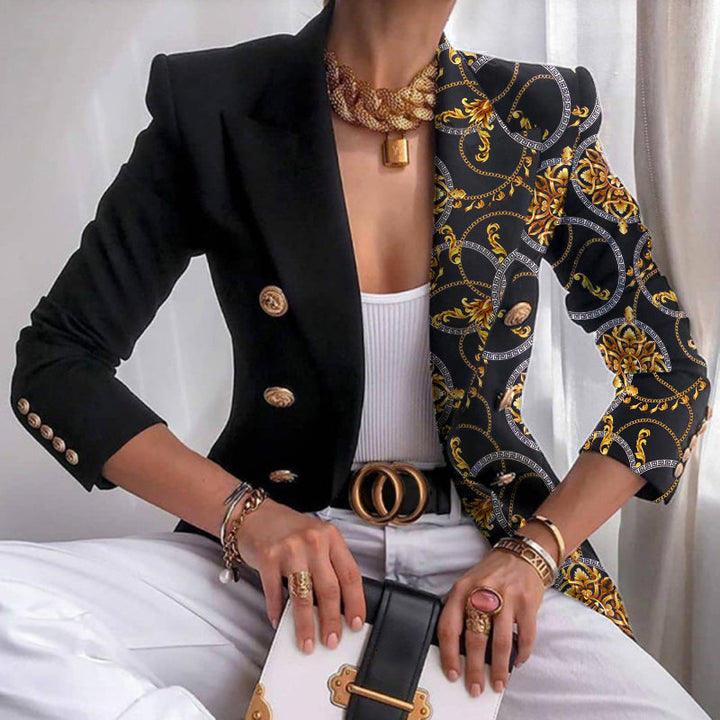 Women's Contrast Panel Baroque Print Blazer Double-Breasted Notch Lapel Work