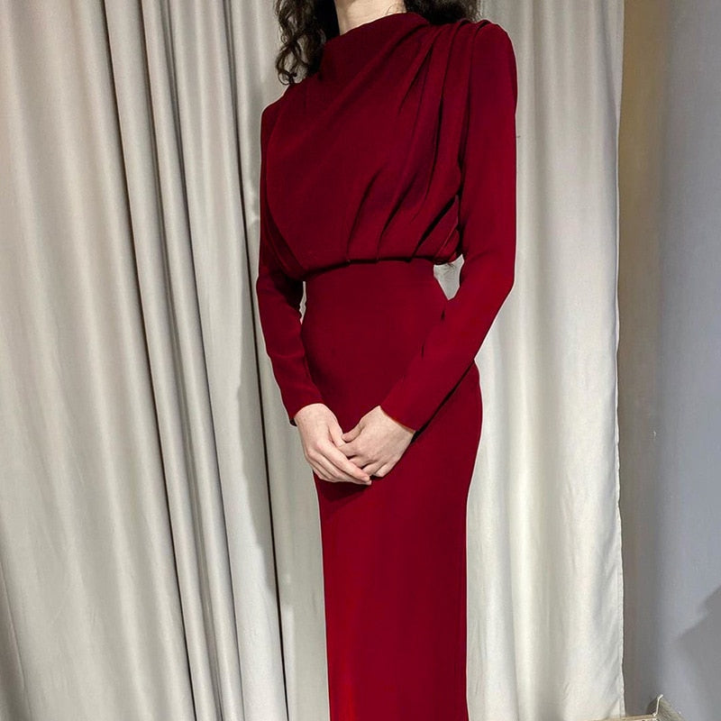 Women's Bodycon Maxi Dress High Neck Ruched Long Sleeve Slim Elegant