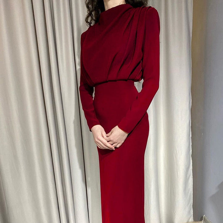 Women's Bodycon Maxi Dress High Neck Ruched Long Sleeve Slim Elegant