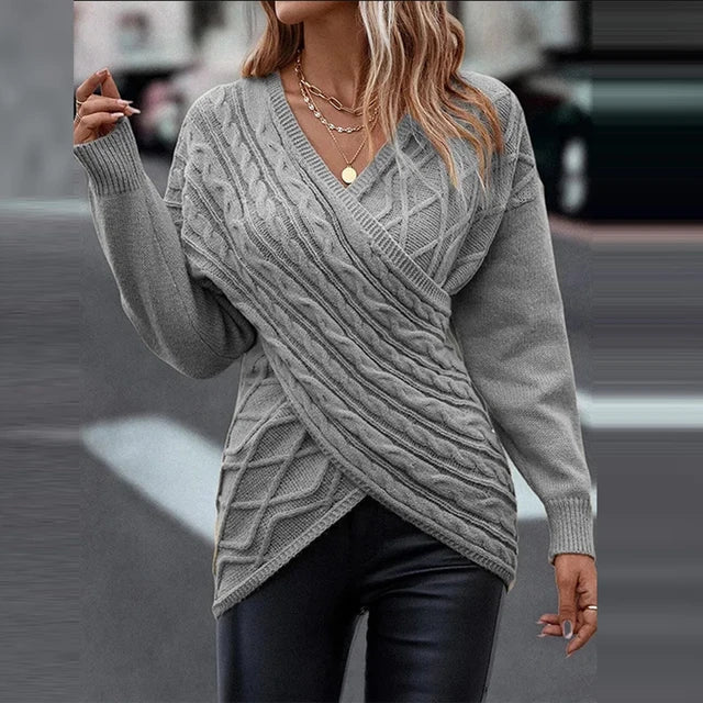 Women's Cable Knit Sweater V-Neck Wrap-Front Longline Relaxed Pullover Winter
