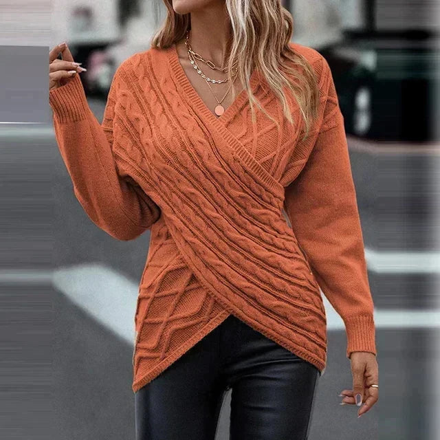 Women's Cable Knit Sweater V-Neck Wrap-Front Longline Relaxed Pullover Winter
