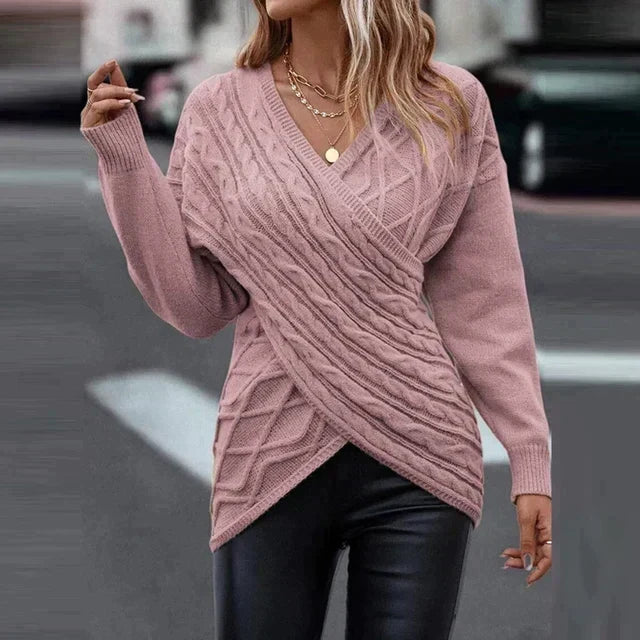 Women's Cable Knit Sweater V-Neck Wrap-Front Longline Relaxed Pullover Winter