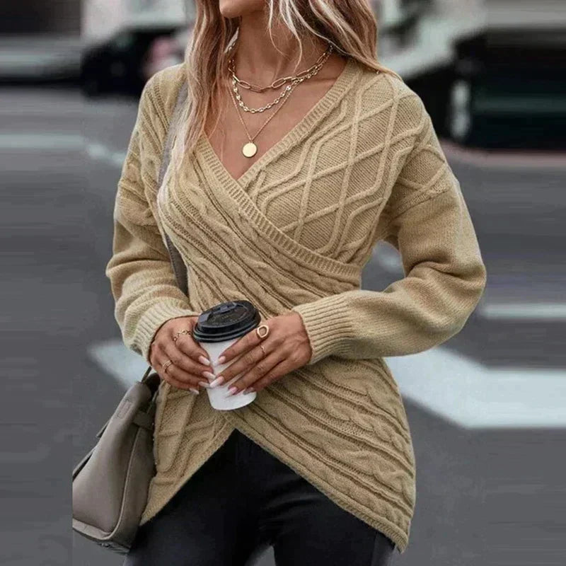 Women's Cable Knit Sweater V-Neck Wrap-Front Longline Relaxed Pullover Winter