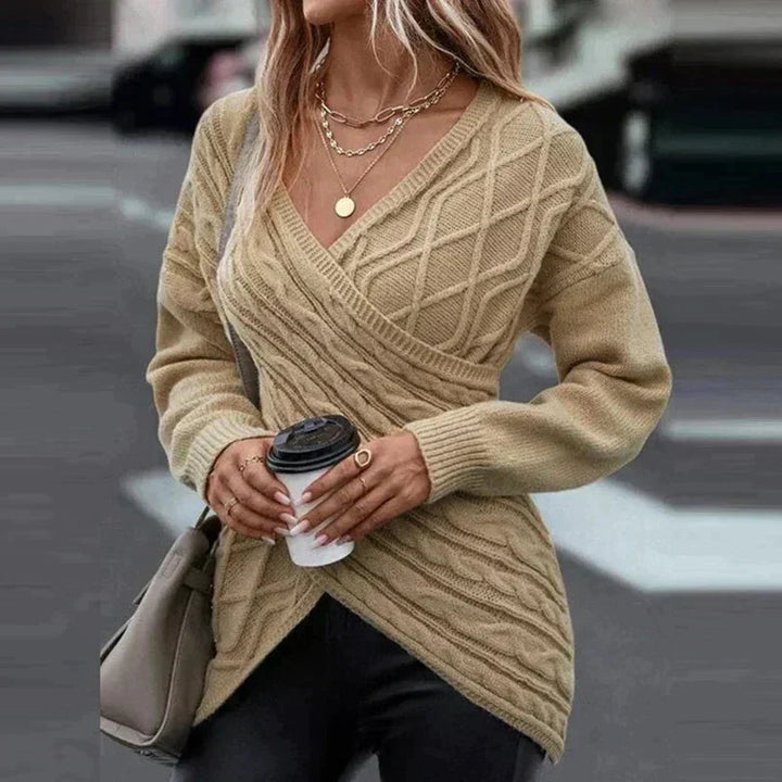 Women's Cable Knit Sweater V-Neck Wrap-Front Longline Relaxed Pullover Winter