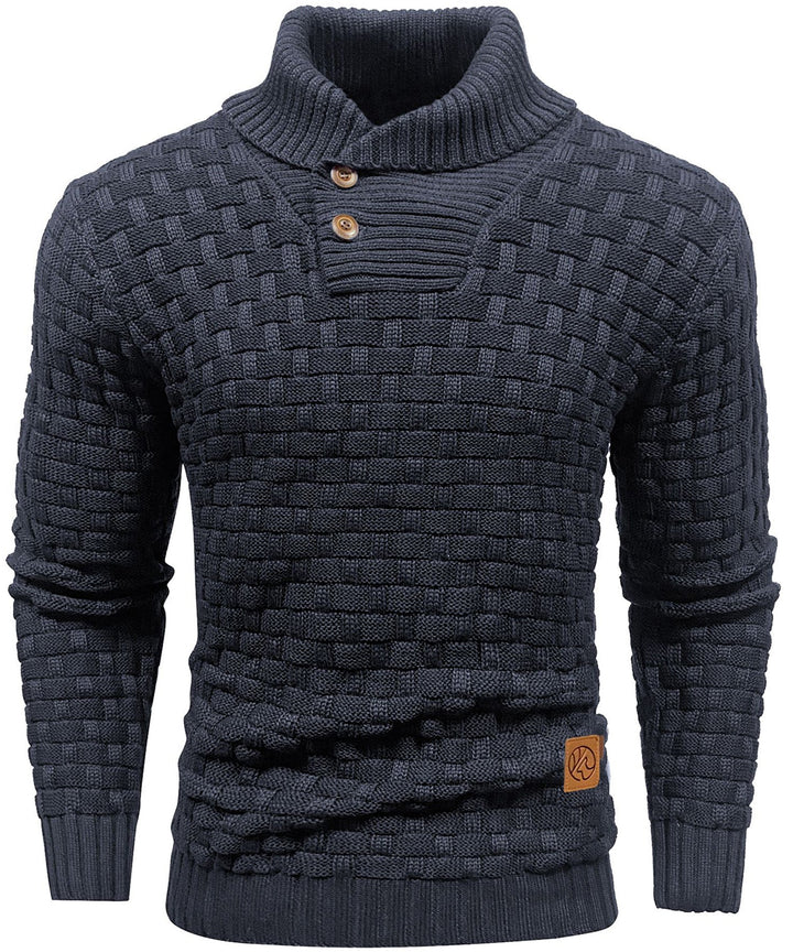 Men's Basketweave Knit Sweater High Collar Button Placket Textured Relaxed