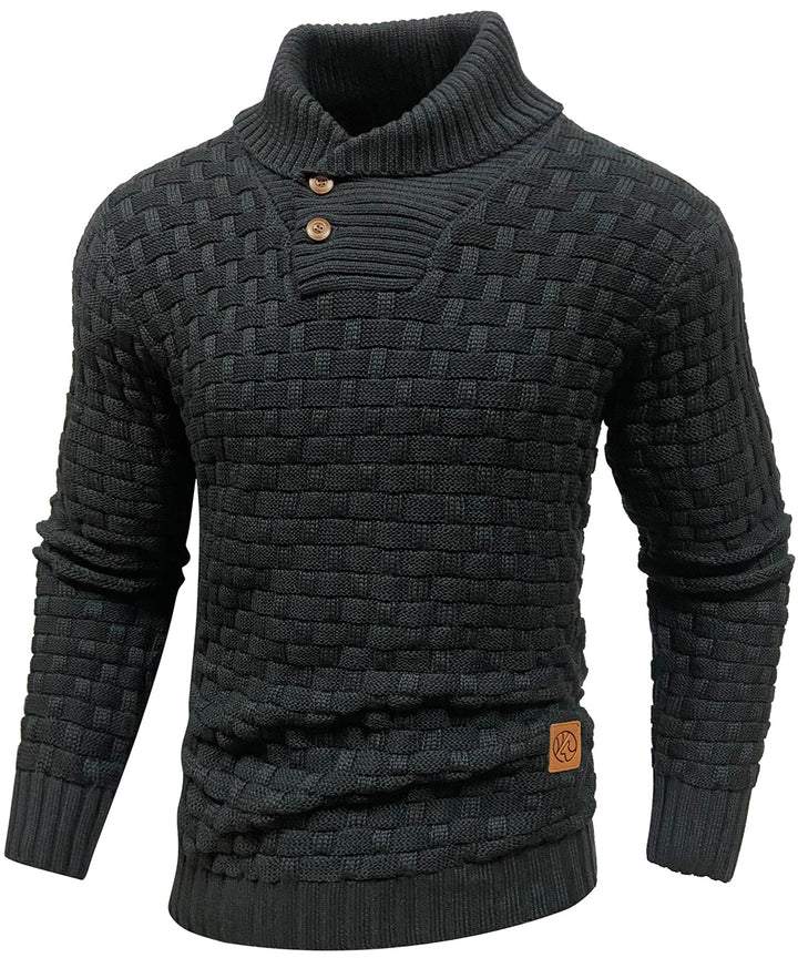 Men's Basketweave Knit Sweater High Collar Button Placket Textured Relaxed