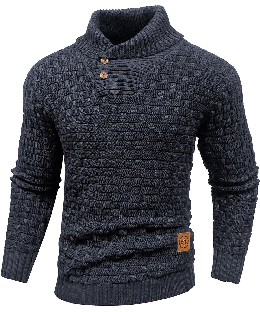 Men's Basketweave Knit Sweater High Collar Button Placket Textured Relaxed