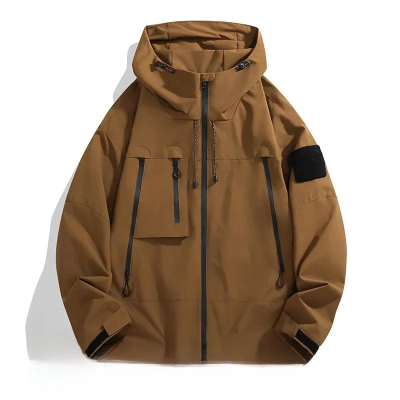 Men's Hooded Softshell Jacket Full-Zip Cargo Pockets Drawcord Water-Resistant