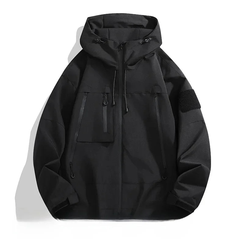 Men's Hooded Softshell Jacket Full-Zip Cargo Pockets Drawcord Water-Resistant