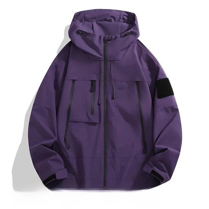 Men's Hooded Softshell Jacket Full-Zip Cargo Pockets Drawcord Water-Resistant