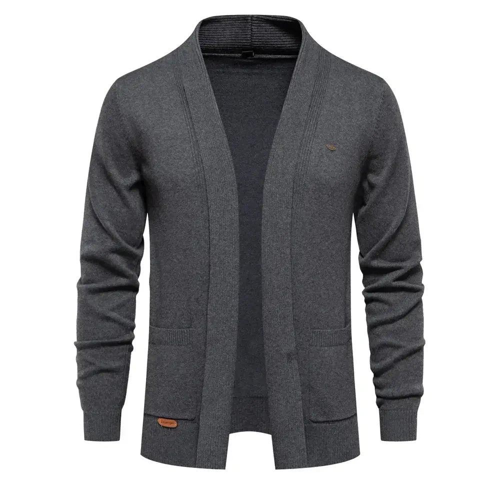Men's Shawl Collar Knit Cardigan Open-Front Patch-Pocket Relaxed