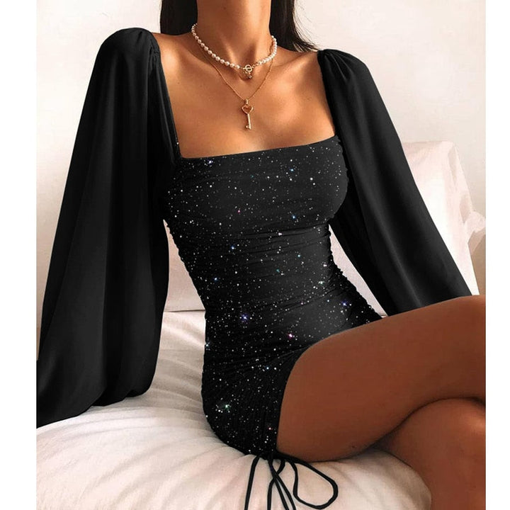 Women's Glitter Bodycon Mini Dress Square Neck Ruched Puff-Sleeve Party