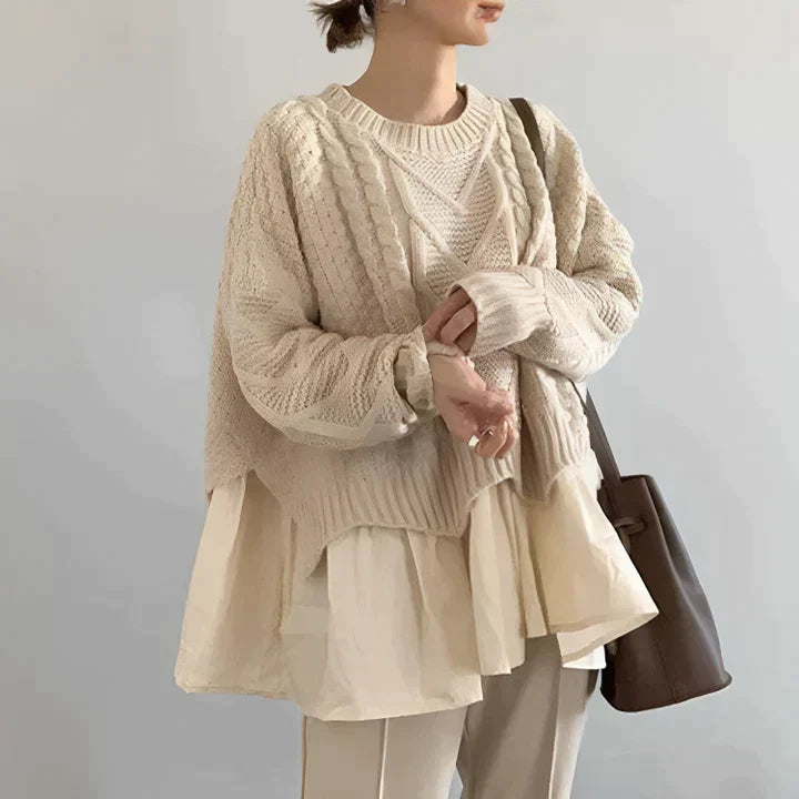 Women's Cream Cable Knit Sweater Round Neck Layered Shirt Hem Oversized