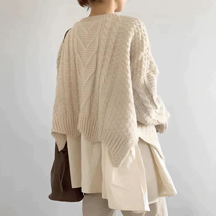 Women's Cream Cable Knit Sweater Round Neck Layered Shirt Hem Oversized