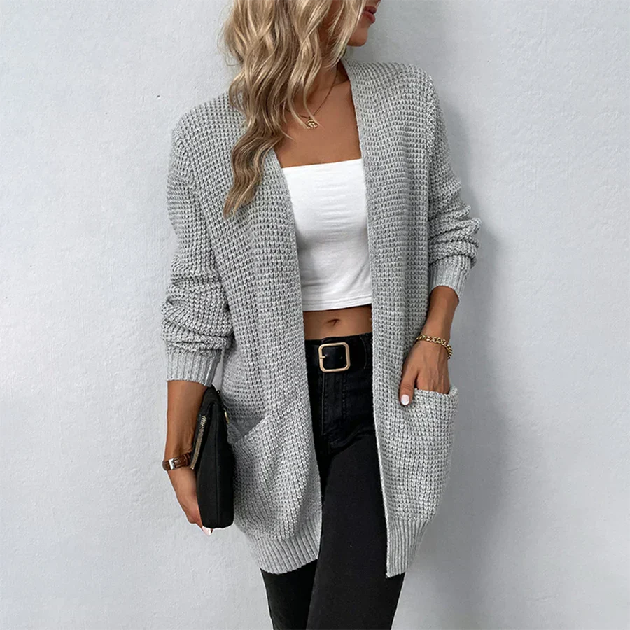 Women's Waffle Knit Open-Front Cardigan Drop-Shoulder Patch-Pocket Relaxed Longline
