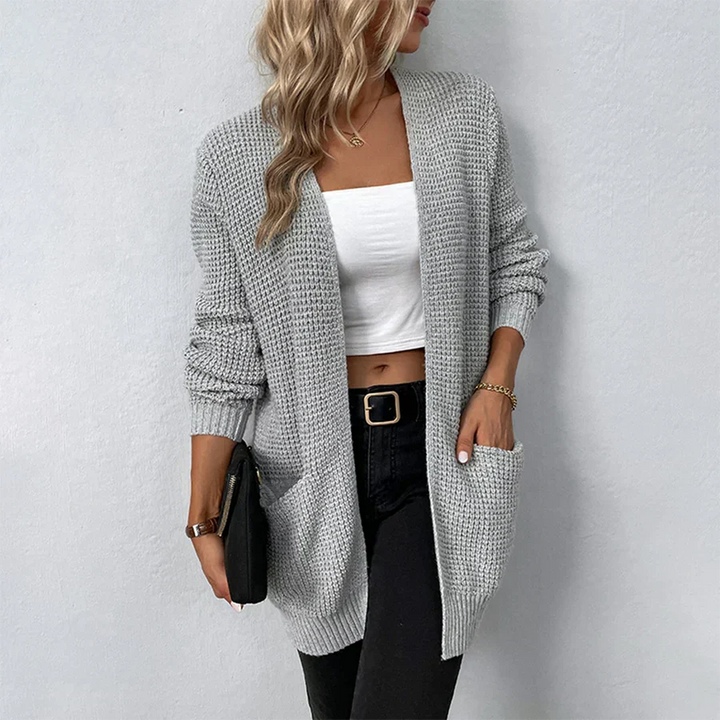 Women's Waffle Knit Open-Front Cardigan Drop-Shoulder Patch-Pocket Relaxed Longline