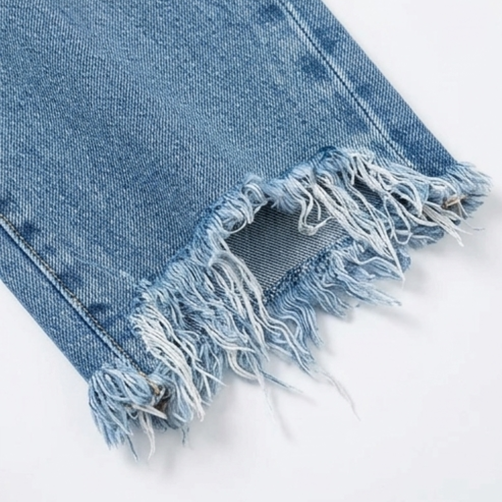 Women's Cropped Straight Leg Jeans High Waist Frayed Hem Distressed Denim