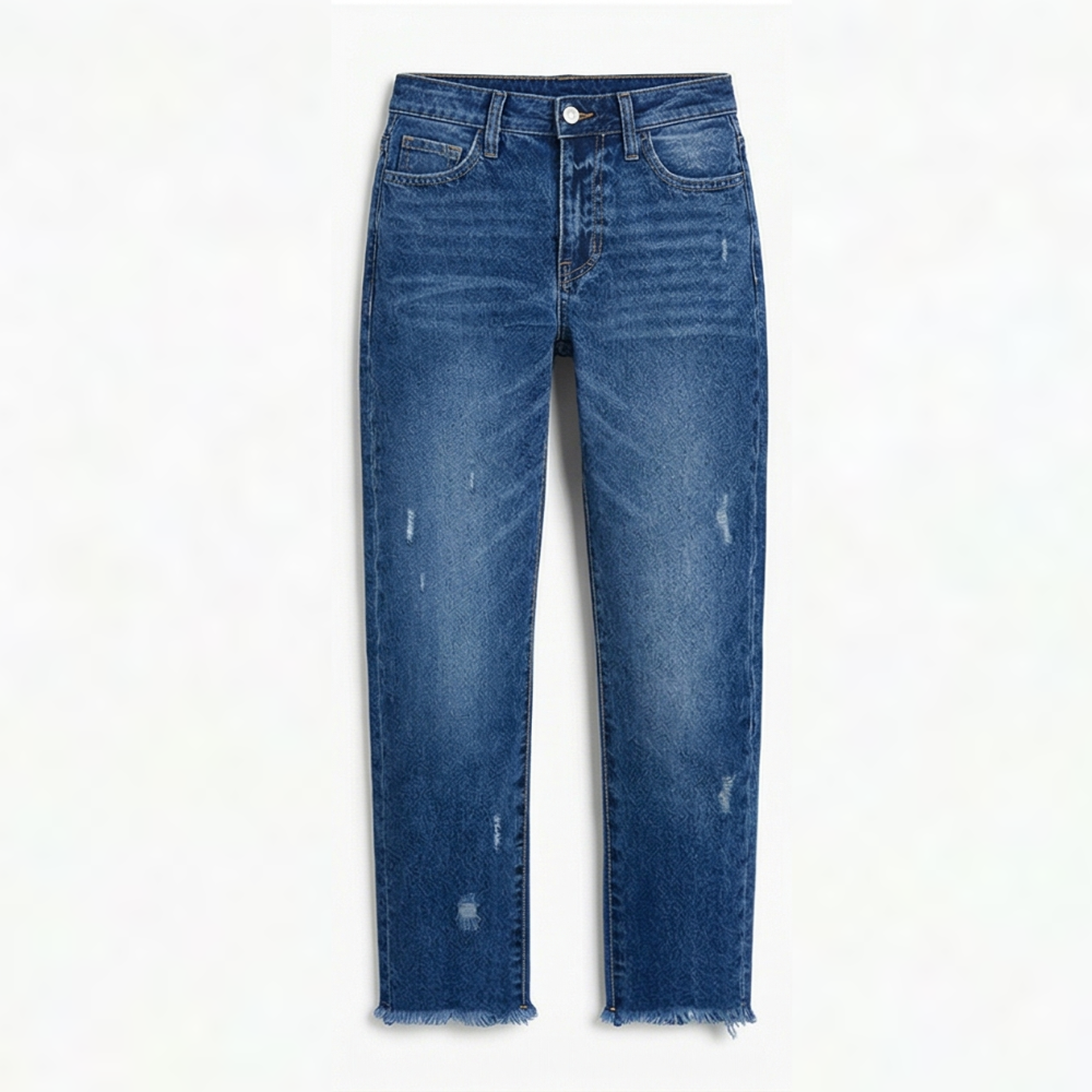 Women's Cropped Straight Leg Jeans High Waist Frayed Hem Distressed Denim