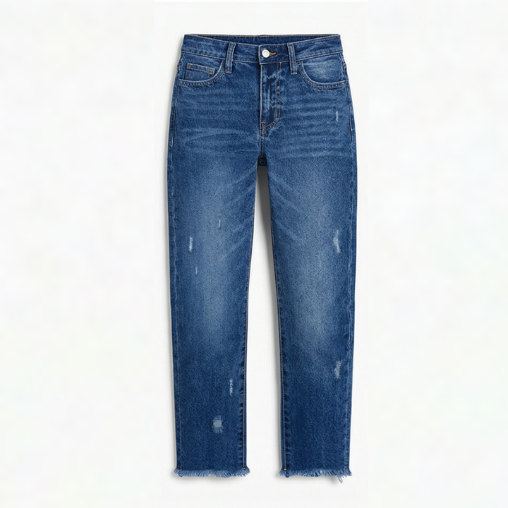 Women's Cropped Straight Leg Jeans High Waist Frayed Hem Distressed Denim