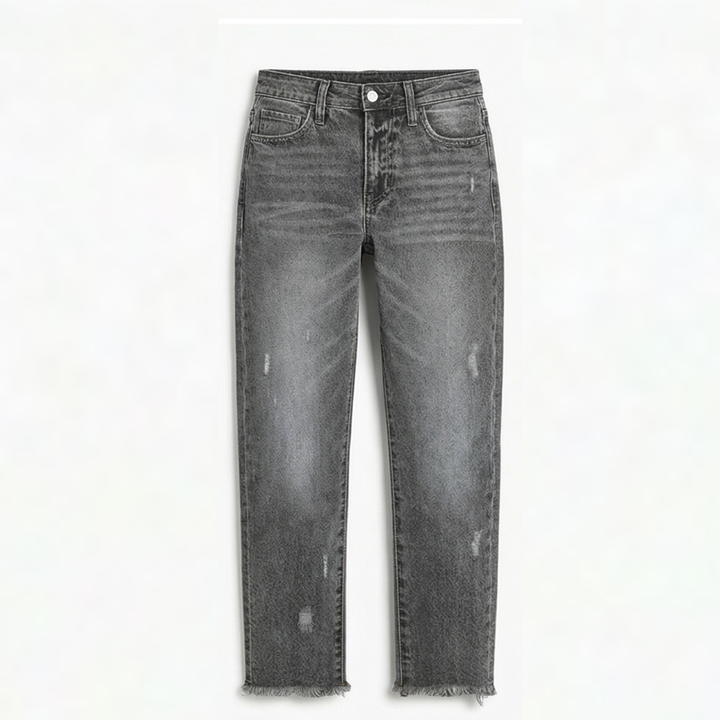 Women's Cropped Straight Leg Jeans High Waist Frayed Hem Distressed Denim
