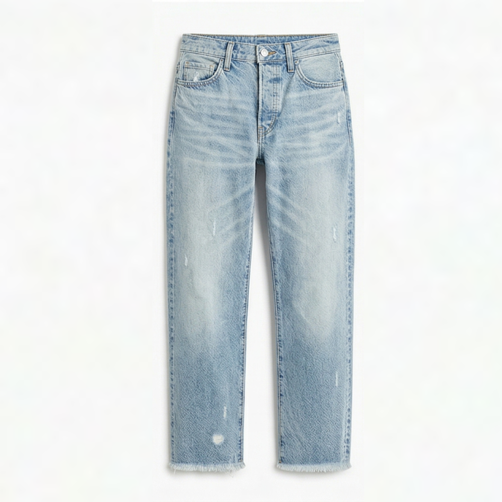 Women's Cropped Straight Leg Jeans High Waist Frayed Hem Distressed Denim