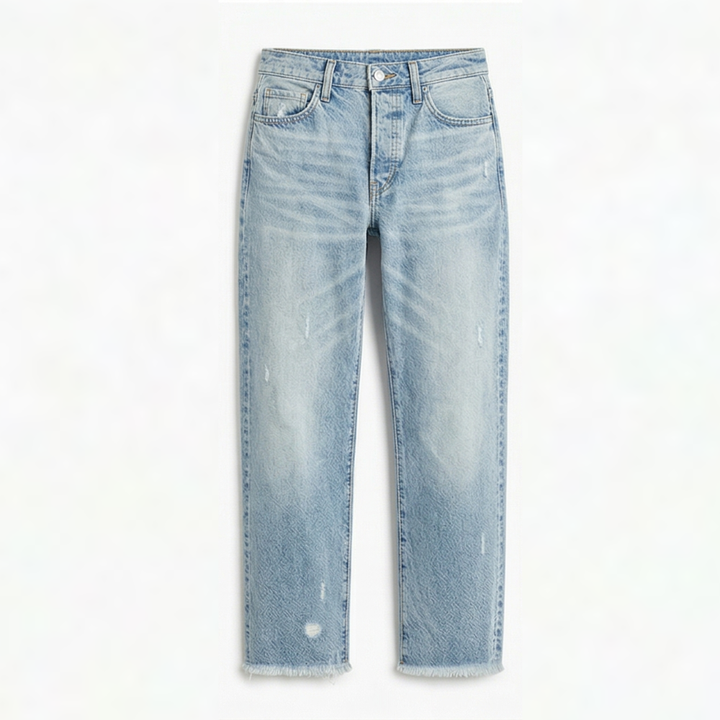 Women's Cropped Straight Leg Jeans High Waist Frayed Hem Distressed Denim