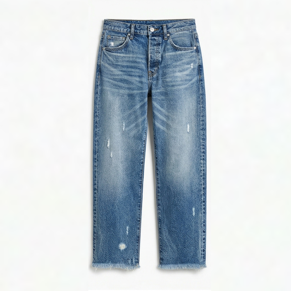 Women's Cropped Straight Leg Jeans High Waist Frayed Hem Distressed Denim