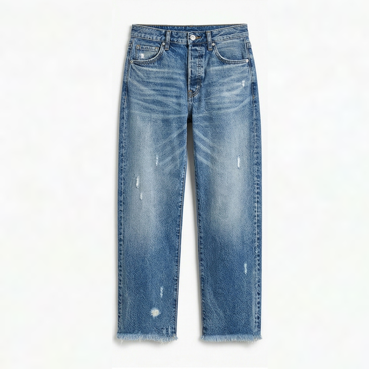 Women's Cropped Straight Leg Jeans High Waist Frayed Hem Distressed Denim