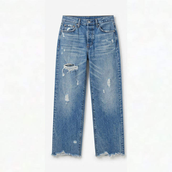 Women's Cropped Straight Leg Jeans High Waist Frayed Hem Distressed Denim