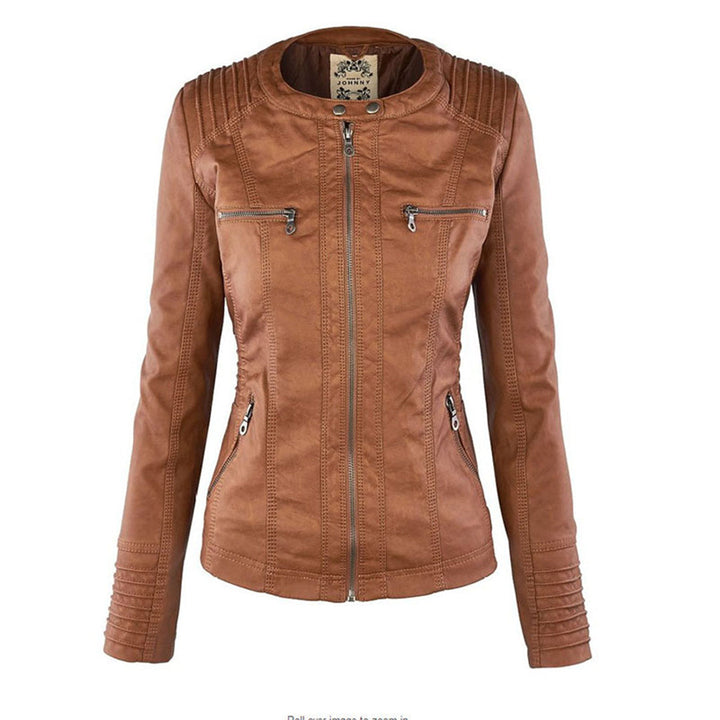 Women's Faux Leather Moto Jacket Band Collar Zip-Up Fitted Ribbed