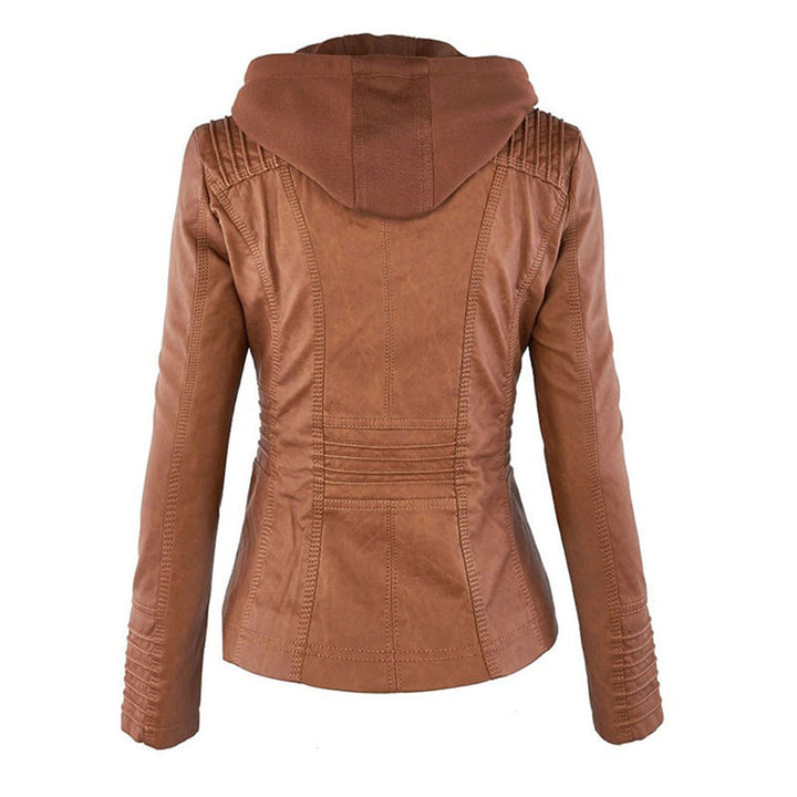 Women's Faux Leather Moto Jacket Band Collar Zip-Up Fitted Ribbed