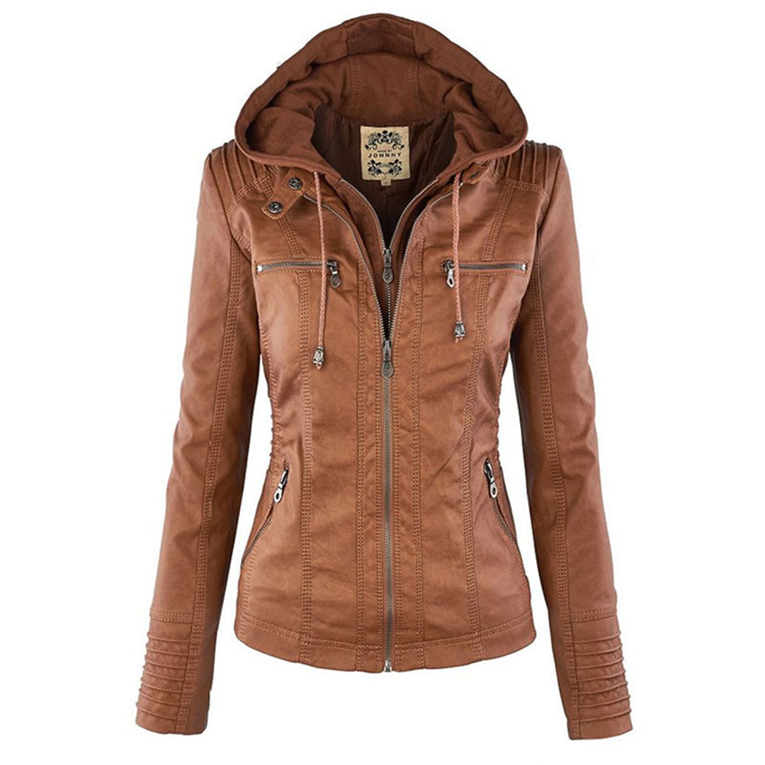 Women's Faux Leather Moto Jacket Band Collar Zip-Up Fitted Ribbed