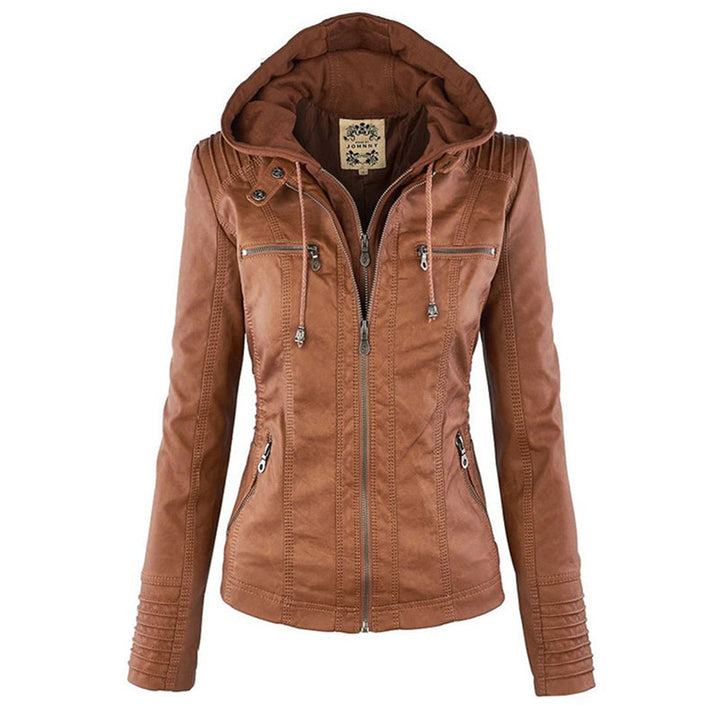 Women's Faux Leather Moto Jacket Band Collar Zip-Up Fitted Ribbed