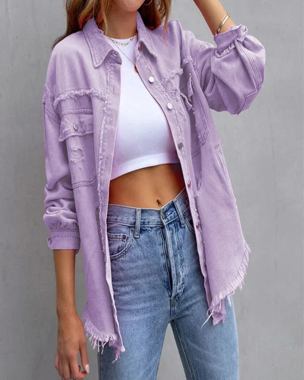 Women's Distressed Denim Jacket Oversized Raw-Edge Button-Up Frayed Relaxed
