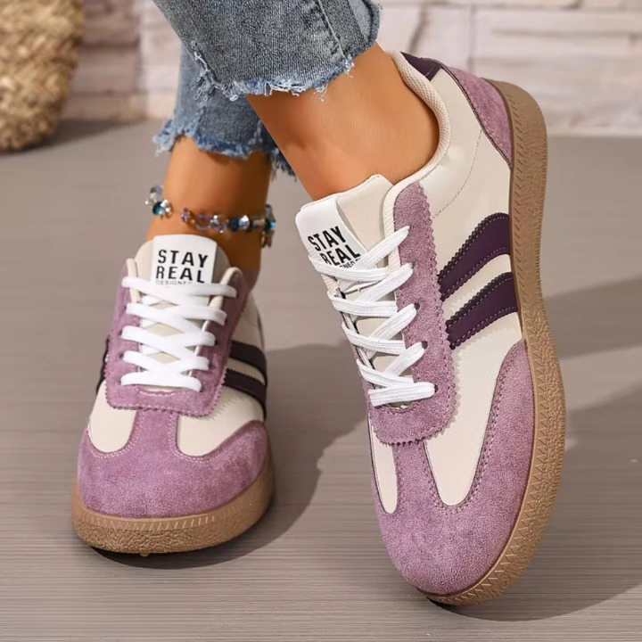 Women's Retro Lace-Up Sneakers Suede Panel Gum Sole Cushioned Casual Walking