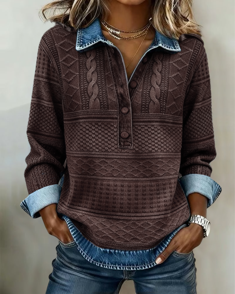 Women's Textured Knit Jumper Collar Button Placket Washed Cable Relaxed