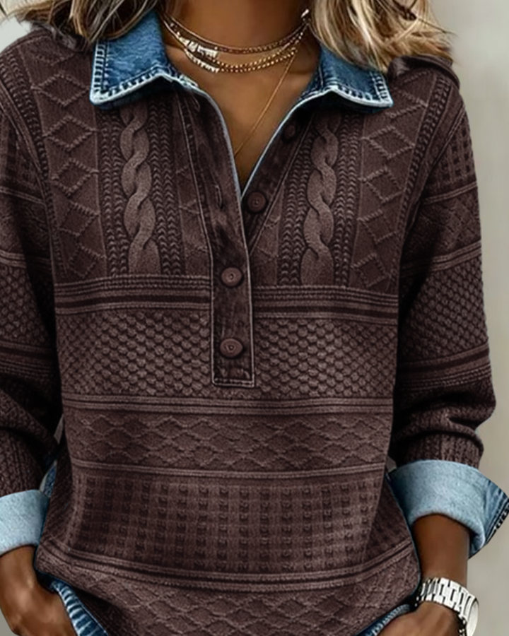 Women's Textured Knit Jumper Collar Button Placket Washed Cable Relaxed