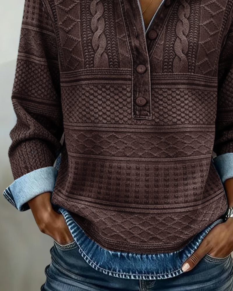 Women's Textured Knit Jumper Collar Button Placket Washed Cable Relaxed