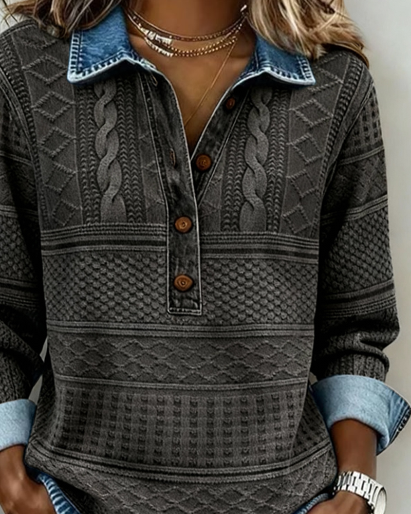 Women's Textured Knit Jumper Collar Button Placket Washed Cable Relaxed