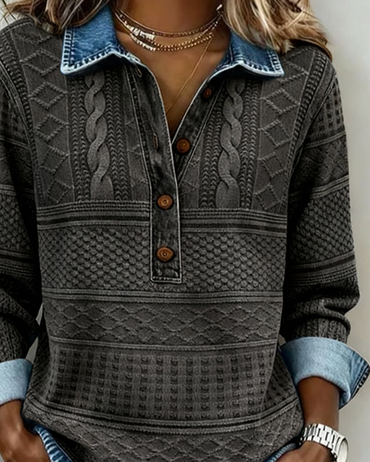 Women's Textured Knit Jumper Collar Button Placket Washed Cable Relaxed