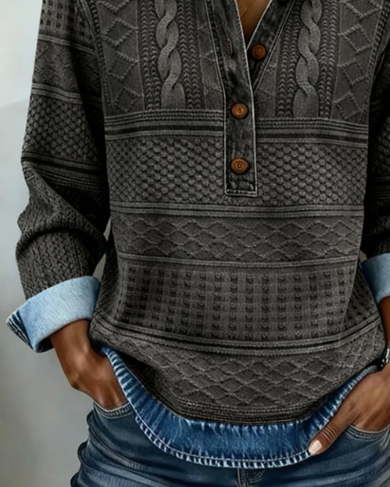 Women's Textured Knit Jumper Collar Button Placket Washed Cable Relaxed