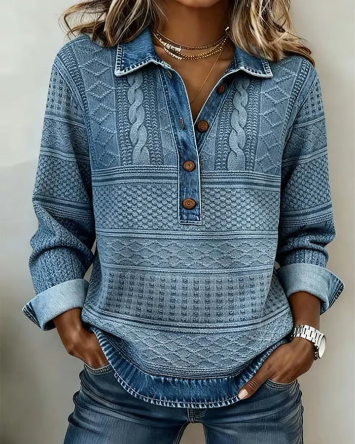 Women's Textured Knit Jumper Collar Button Placket Washed Cable Relaxed