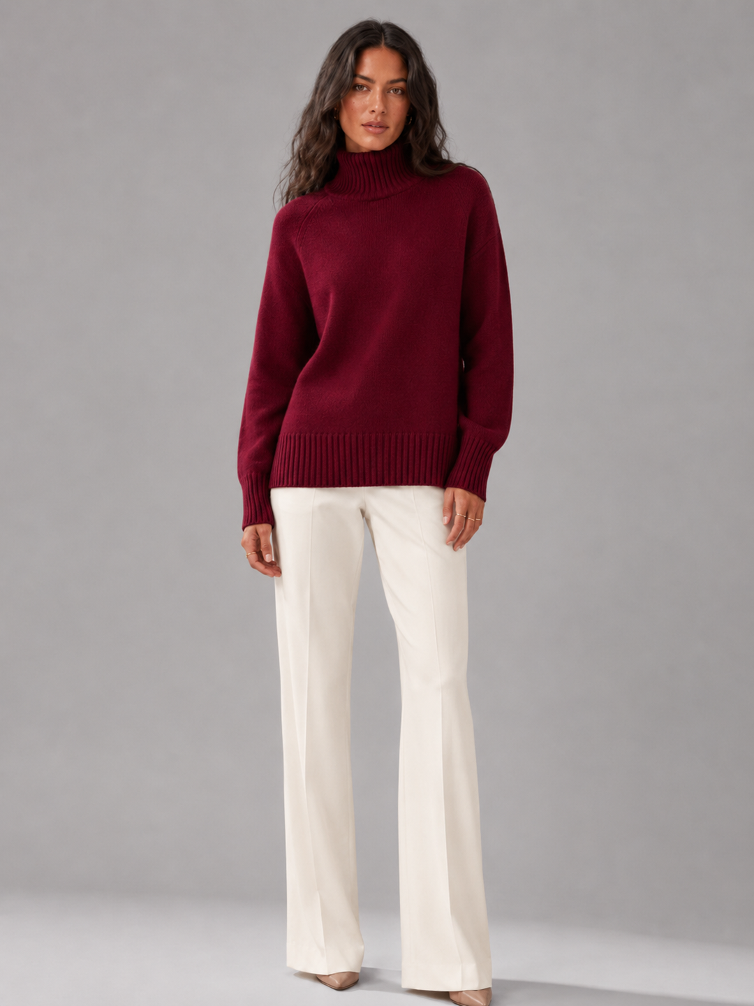 Women's High Neck Sweater Funnel Collar Oversized Drop-Shoulder Relaxed Cozy