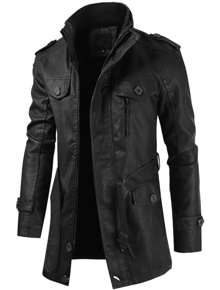 Men's Faux Leather Jacket Stand Collar Zip-Up Flap-Pocket Fitted
