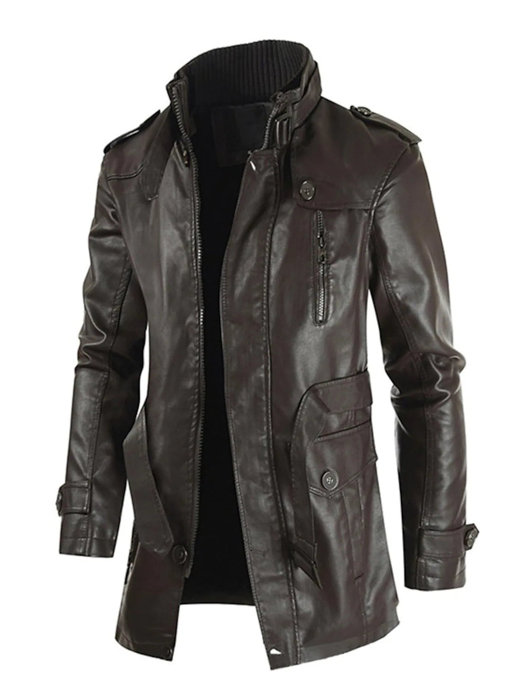Men's Faux Leather Jacket Stand Collar Zip-Up Flap-Pocket Fitted