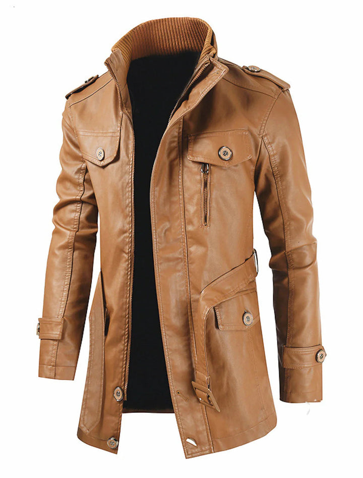 Men's Faux Leather Jacket Stand Collar Zip-Up Flap-Pocket Fitted