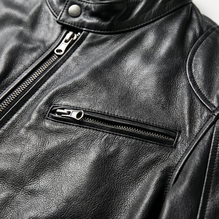 Men's Faux Leather Moto Jacket Band Collar Zip-Up Snap Fitted