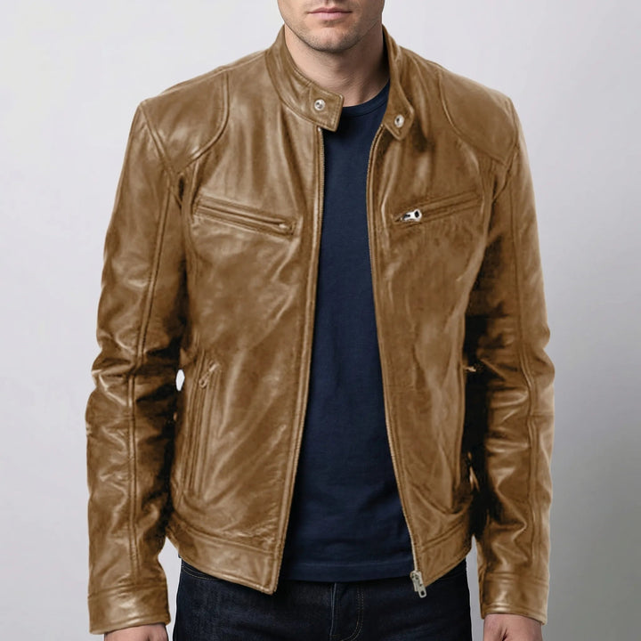 Men's Faux Leather Moto Jacket Band Collar Zip-Up Snap Fitted