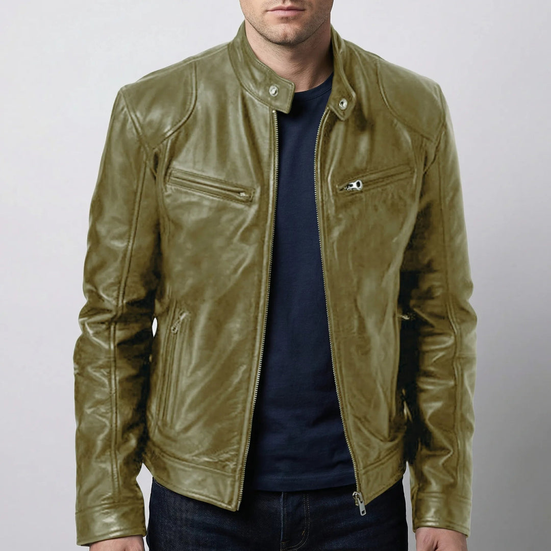 Men's Faux Leather Moto Jacket Band Collar Zip-Up Snap Fitted